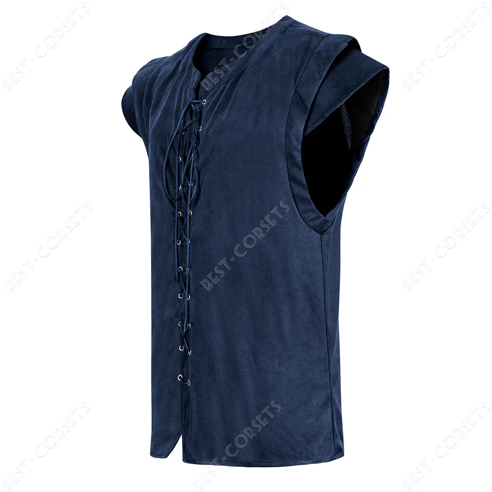 Medieval Vest Man Plus Size Pirate Vest Costume Adults Men Blue Waistcoat Lace Up Vest Pirate Halloween Costumes