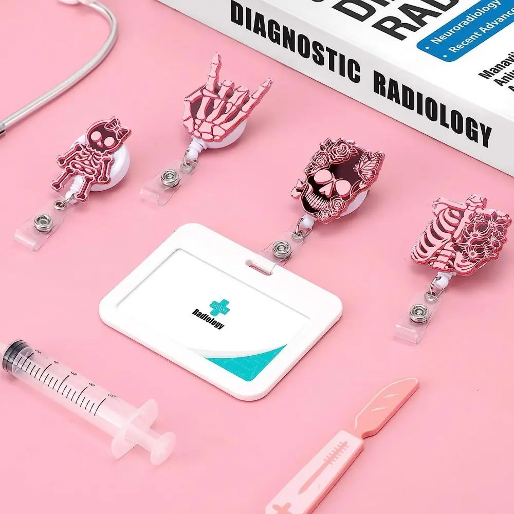 Pink Nurse Retractable Badge Reel Acrylic ID Card Clips Name Card Holder Work Card Clips 360 Rotating Alligator Clip