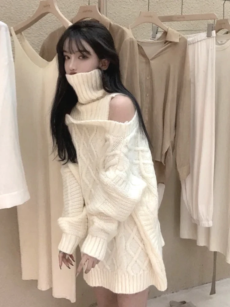 Spring Autumn Korean Style Women Turtleneck Knitted Sweaters Fashion Wild Knitwear Outwear Female Sexy Off Shoulder Pullover