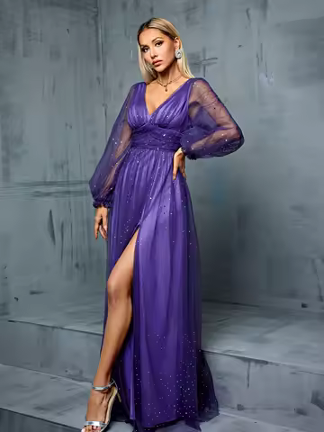 Mgiacy V-neck gauze bubble long sleeve chest pleat design slit A long skirt Evening gown PROM dress Party dress