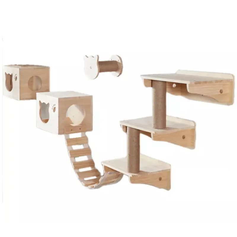 Woodiness Natural Wood Cat Pet Wall Mounted Shelf Cat Climbing Stairs on Wall Cat Play Climbing Activity Center Pet Supplies