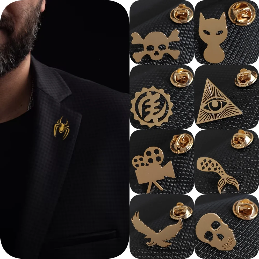 Skull stainless steel badge, camera gold plated men\'s lapel pin, fishtail collar pin, eagle brooch, party favor