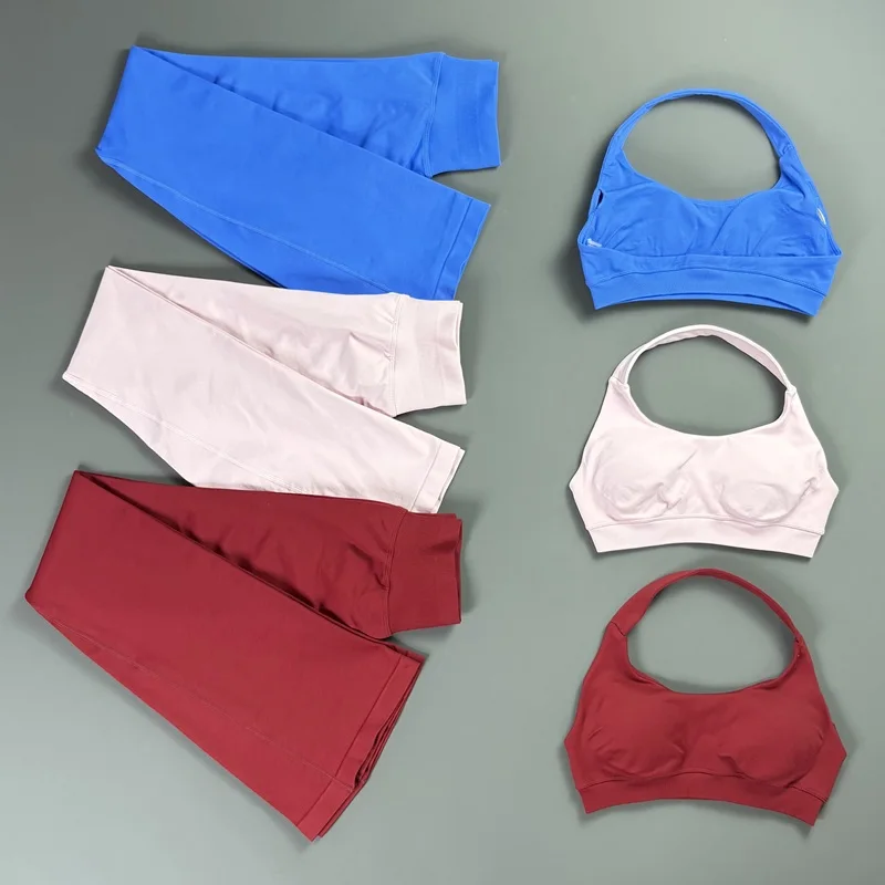 2Pcs Gym Flares Pants Set High Stretch Sexy Halter Top Seamless Scrunch Butt Flared Leggings Set   Women Fitness Sports Clothing
