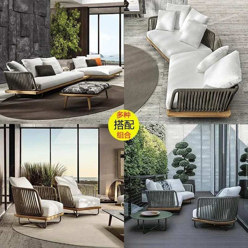 

Outdoor sofa terrace coffee table combination garden solid wood rattan woven seat waterproof and anticorrosive teak furniture