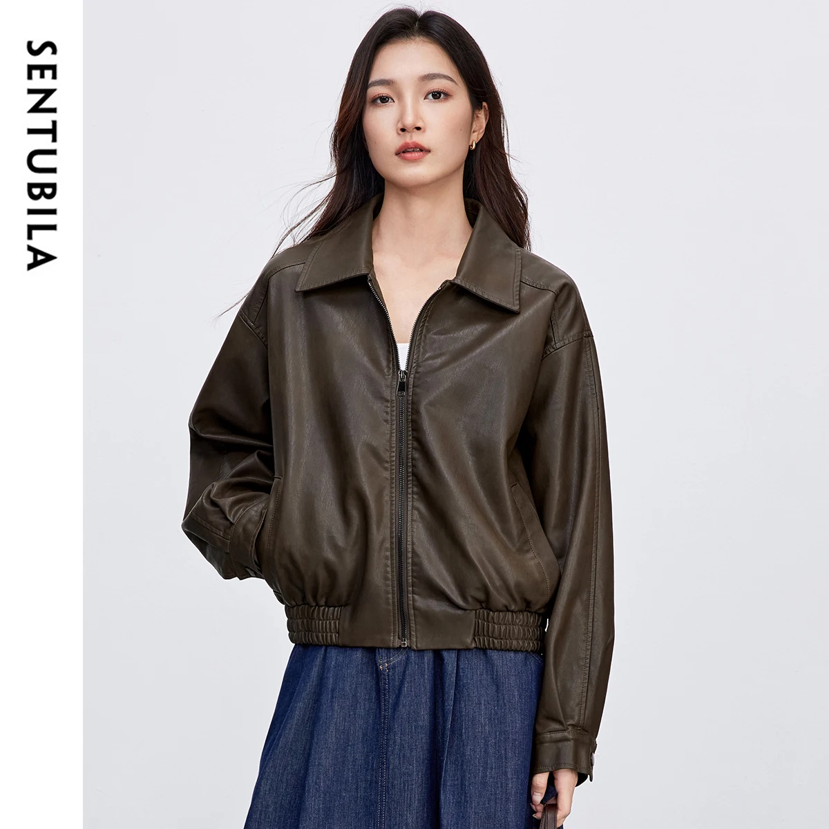 SENTUBILA Woman Leather Jacket 2025 Retro Commute Coffee Colour Turn Down Collar Zippers Windproof Motorcycle Pu Coats W51G73596