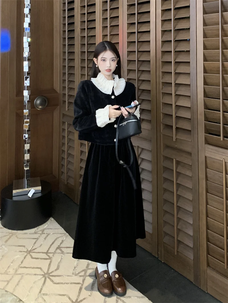 In Stock: Thickened Quilted Classic Lace-Trimmed Coat + Velvet High-Waist Skirt Set for Women Female Office Lady High Quality