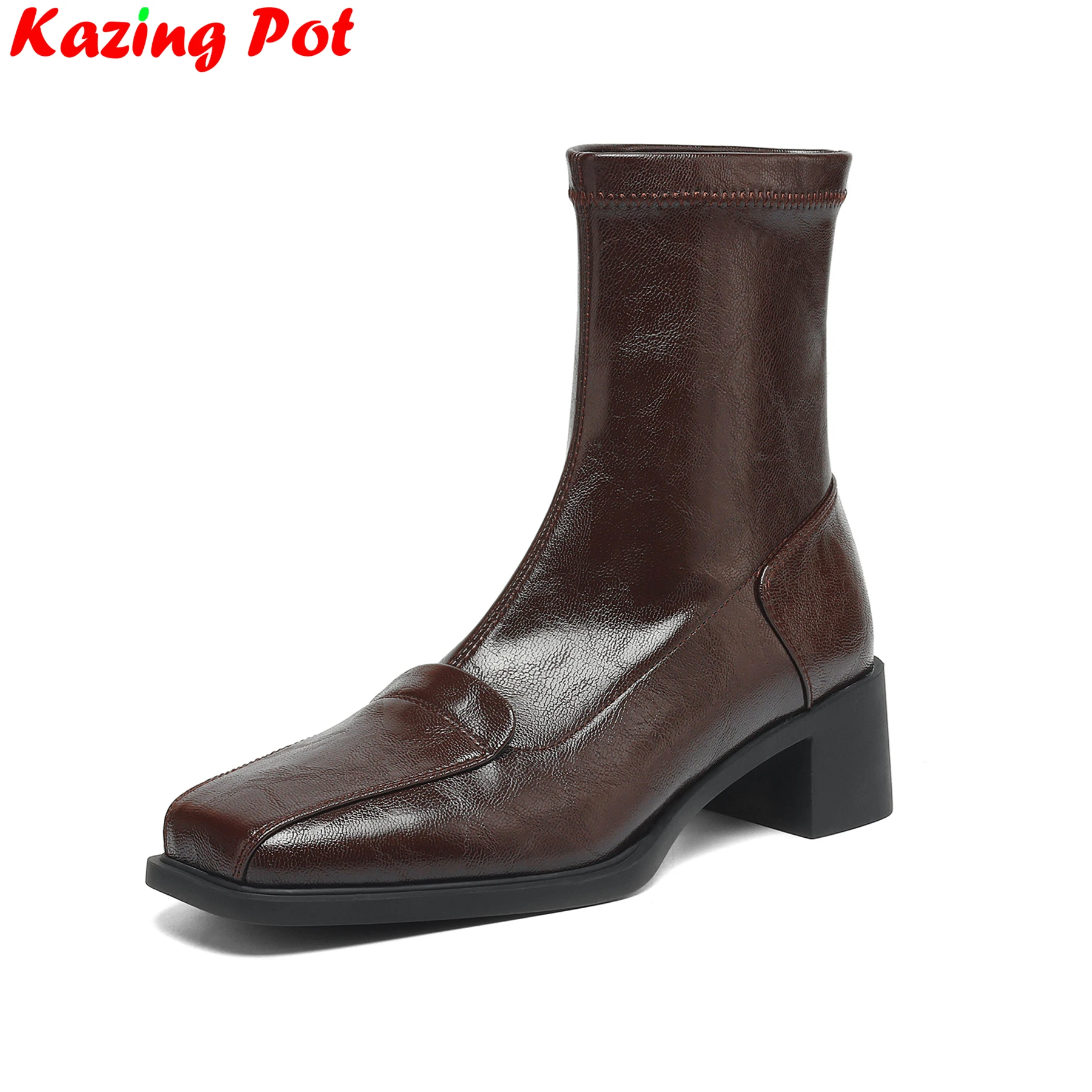 

Krazing Pot Cow Skin Chunky High Heels Modern Stretch Boots Brand Winter Autumn Shoes Retro Dating Concise Ins Women Ankle Boots