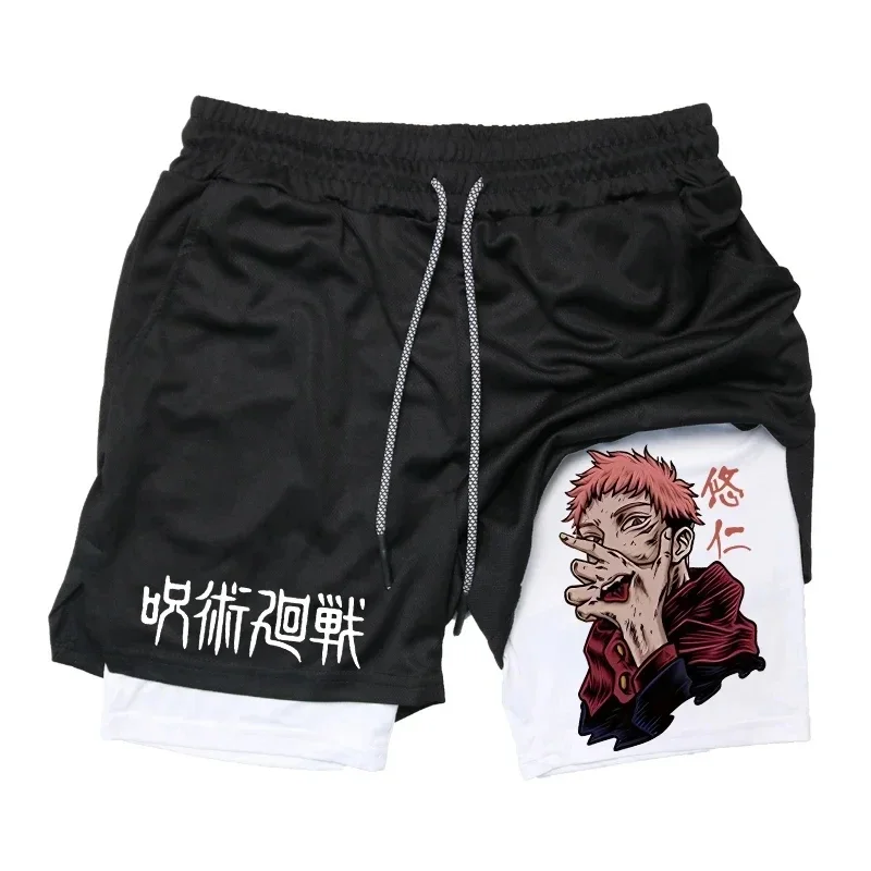 Itadori Yuji 2 in 1 Compression Shorts for Men Anime Jujutsu Kaisen Performance Shorts Basketball Sports Gym Shorts with Pockets