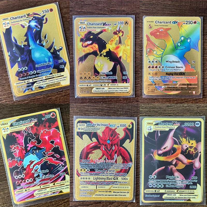 Coleção de Cartas Metálicas 6PC Arceus Rayquaza Charizard Dourado Super Cartas Metálicas em Inglês Mewtwo Mega Anime Game Collection Presente