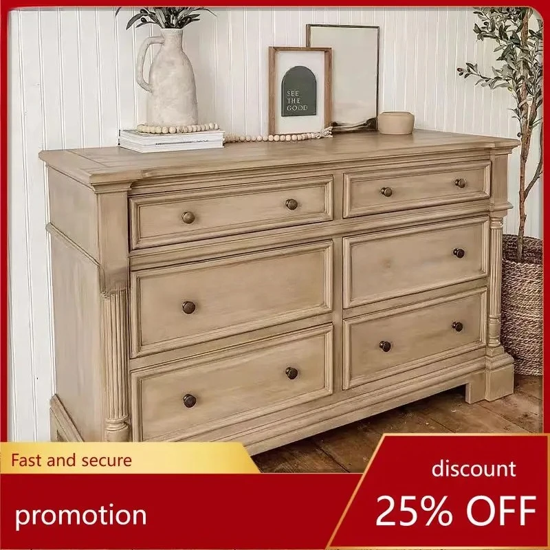 Style Solid Wood Six-Drawer Cabinet Simple Living Room Storage Cabinet American Retro Wall-Mounted Entryway Cabinet