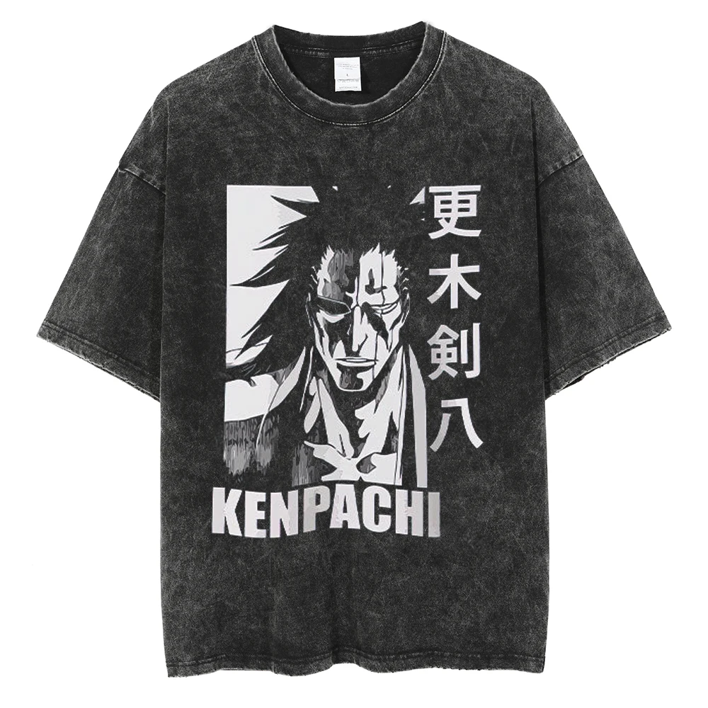 

2026 Anime Bleach Zaraki Kenpachi Print T-Shirt Men Vintage Washed Cotton Tee Oversized Streetwear Casual Short Sleeve Tops