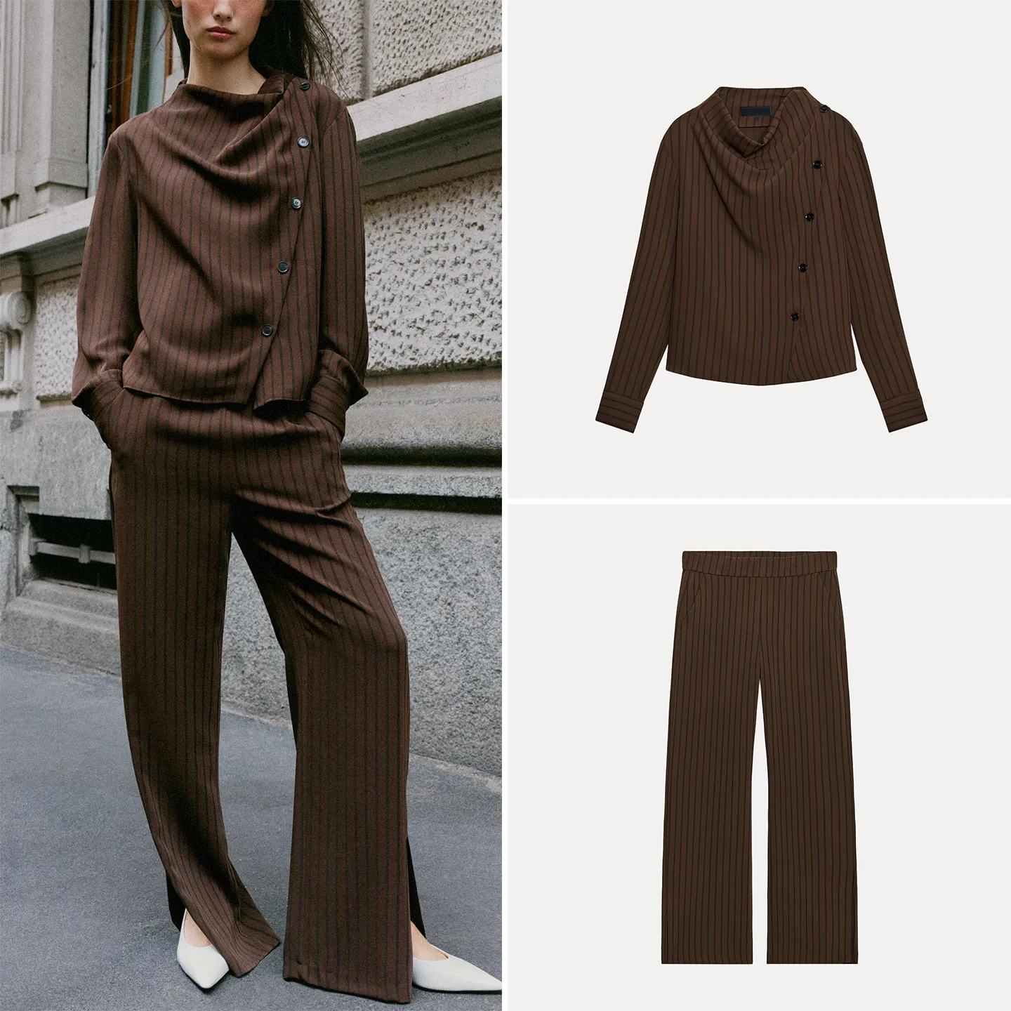 Conjunto de dos piezas de moda para mujer: Camisa a rayas y pantalones con abertura lateral, cuello halter y doble solapa, el...