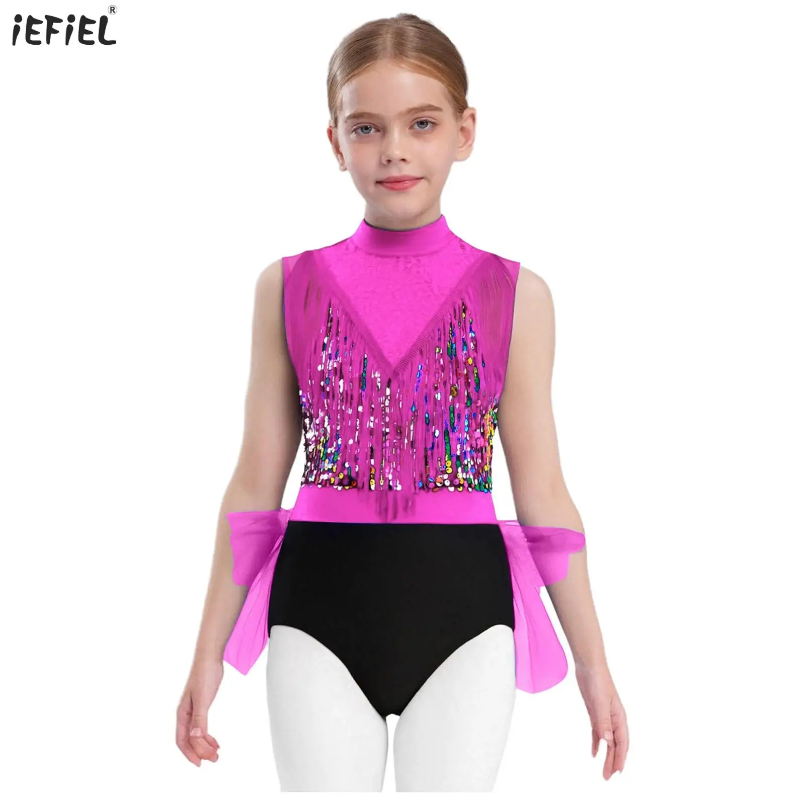 

Kids Girls Latin Jazz Dance Bodysuit Stage Performance Costume Sleeveless Cutout Back Tassels Shiny Sequins Color Block Leotards