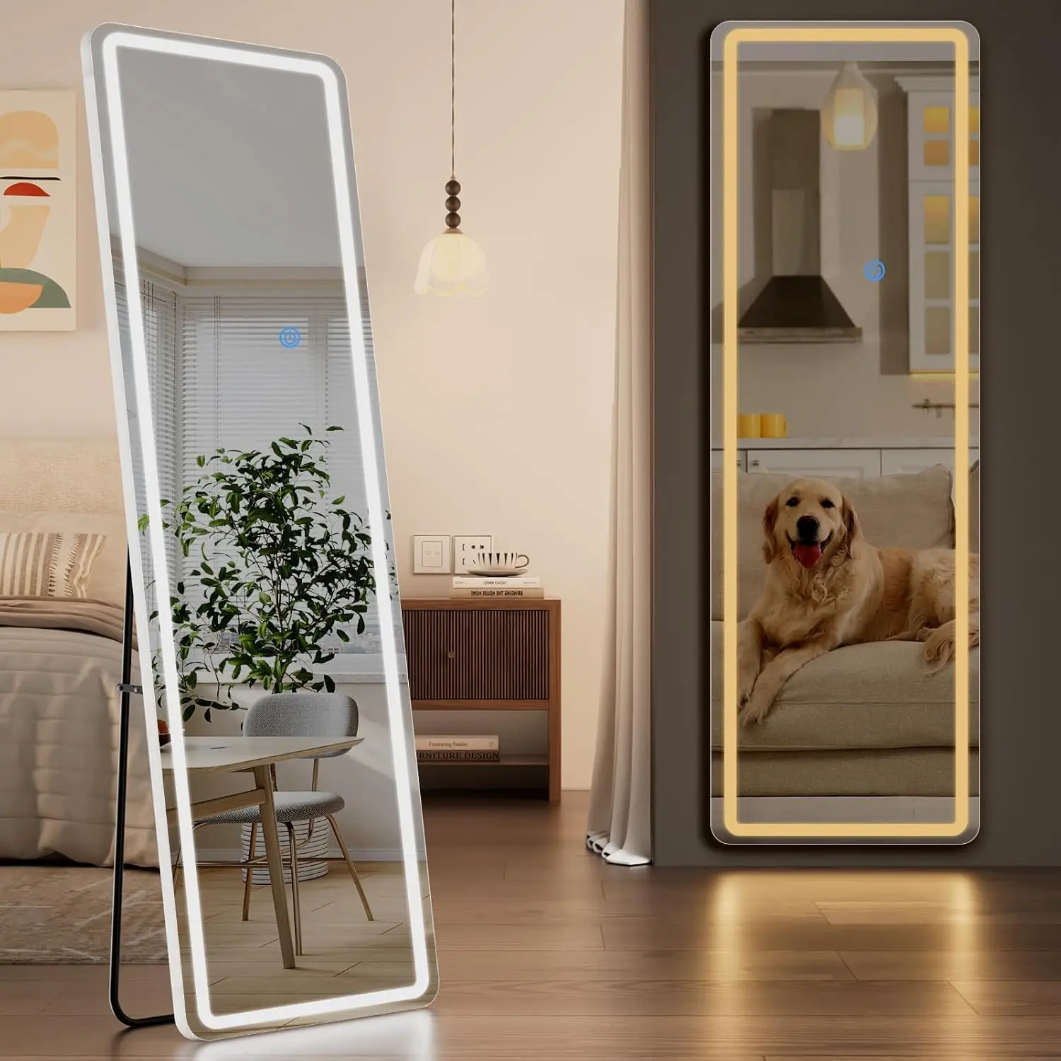 

56x20 LED Full Length Mirror with 3 Color Modes & Dimming, Floor Mirror with Stand for Bedroom, White