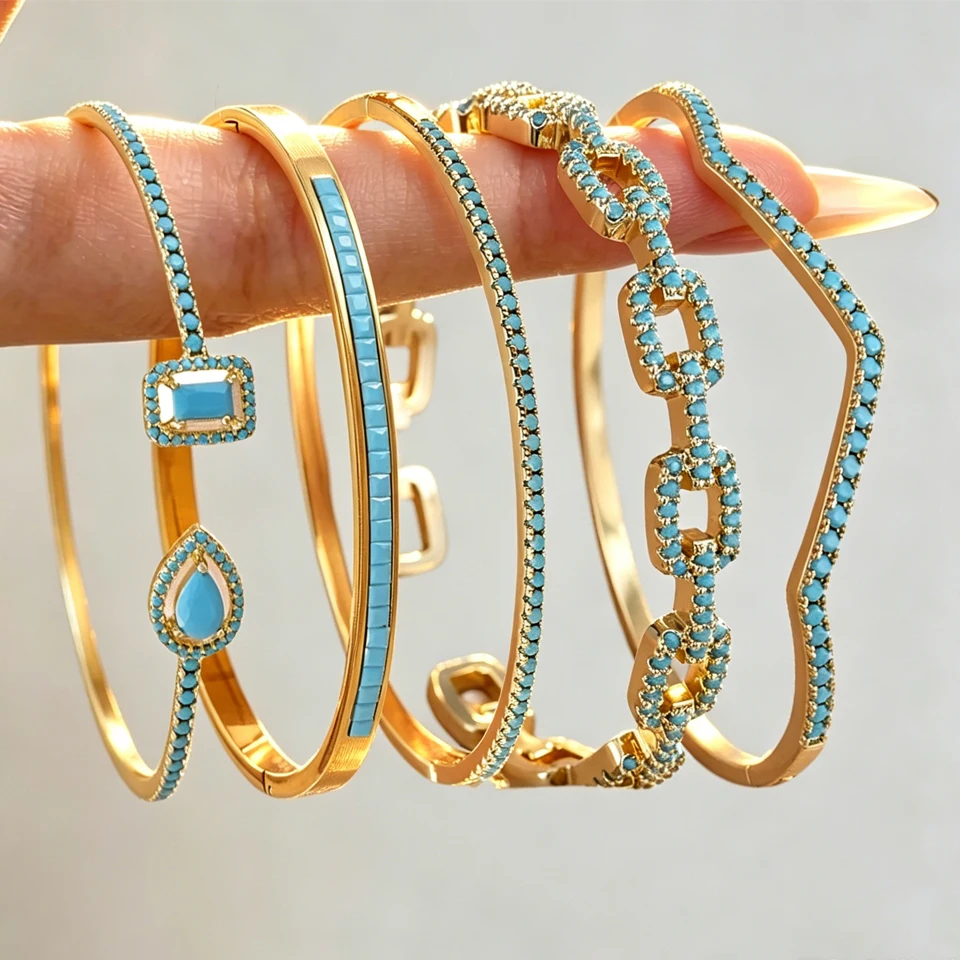 Yupsk 5pcs New Blue Exquisite Turquoise Zircon Stackable Bracelets for Women Exquisite Elegant Wedding Party Jewelry Gifts