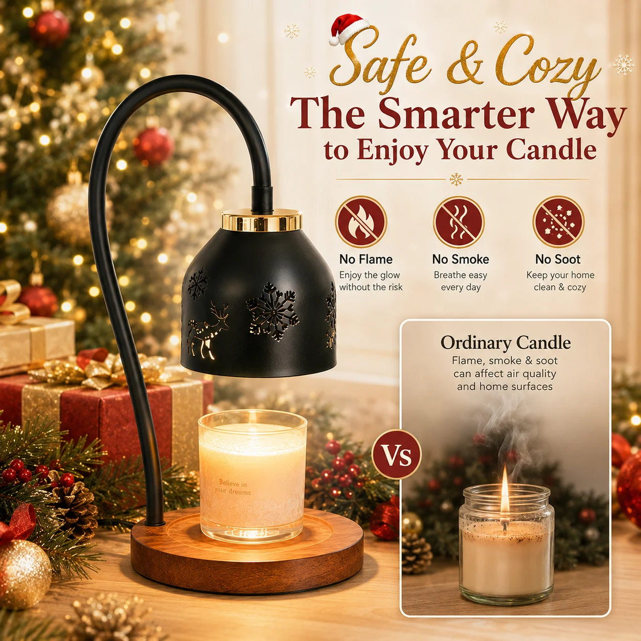 Christmas Candle Warmer Lamp Snowflake Deer Hollow Table Lamp with Adjustable Height 4 Dimmable Brightness Levels 2H 4H 8H Timer Auto Shut off Flameless Smoke Free Candle Melter Lamp for Bedroom Home Decor Ideal Christmas Holiday Gift