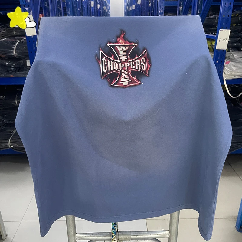 Camiseta Vintage lavada con estampado de coche y llama de Cruz Azul para hombre y mujer, camiseta de algodón de tela pesada, camiseta de choppers de la costa oeste, camiseta de gran tamaño