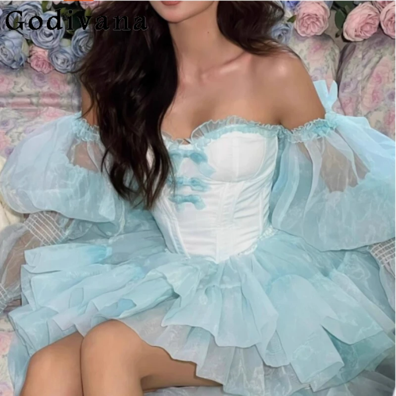 

Sweet Lolita Fairy Princess Trailing Birthday Sets Fashion Versatile Age Reduction High Waist Skirt Cute Girl Slim Strapless Top
