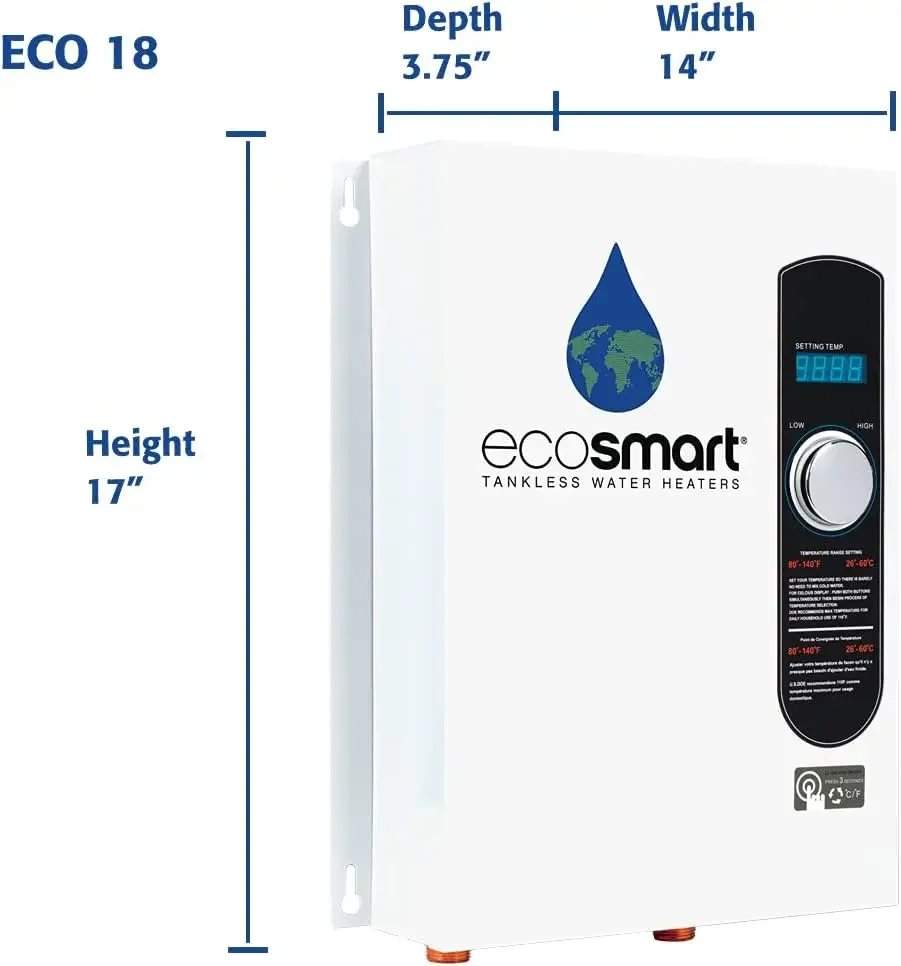 Calentador de agua eléctrico sin tanque ECO 18, 18 KW a 240 voltios con tecnología autorreguladora patentada, 17 x 14 x 3,5, blanco