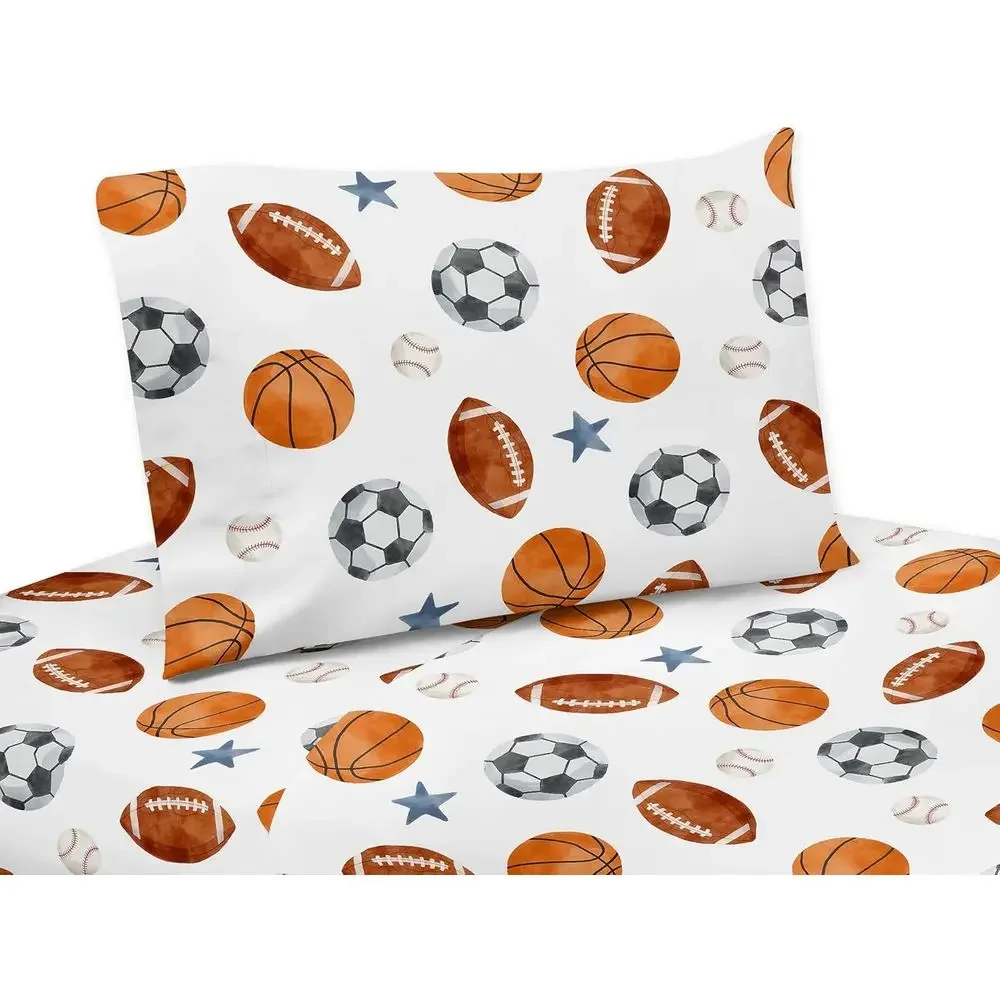 

Watercolor Sports Themed Queen Sheet Set for Kids, Adults - Soccer, Football, Basketball, Stars, Blue
