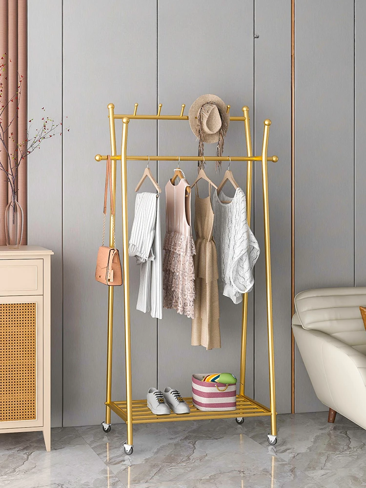 

Light luxury clothes rack bedroom hanger landing belt wheel movable drying rack room home simple hanging clothes rack