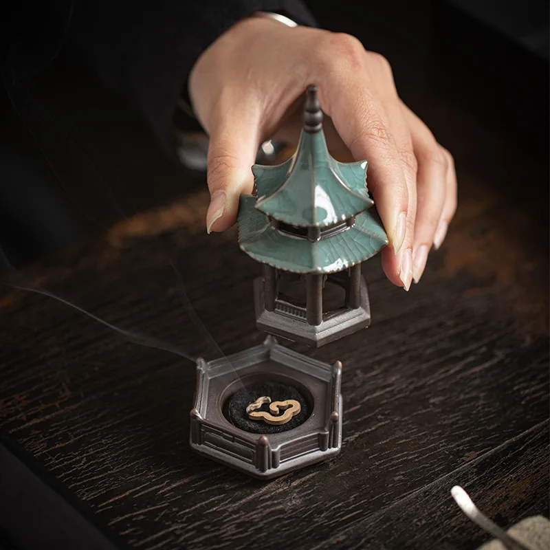 Ceramic incense burner pocket mini hexagonal pavilion home indoor sandalwood stove small size incense burner incense coil base I