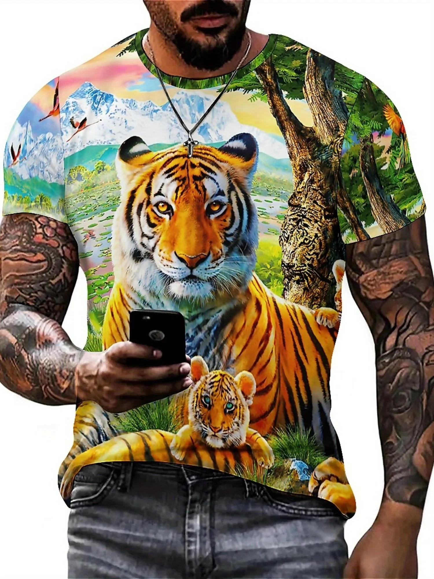 2025 الصيف أحدث الرجال النمر نمط ثلاثية الأبعاد طباعة تي شيرتات قصيرة الاكمام ألياف البوليستر لينة ومريحة النسيج الرجال والنساء