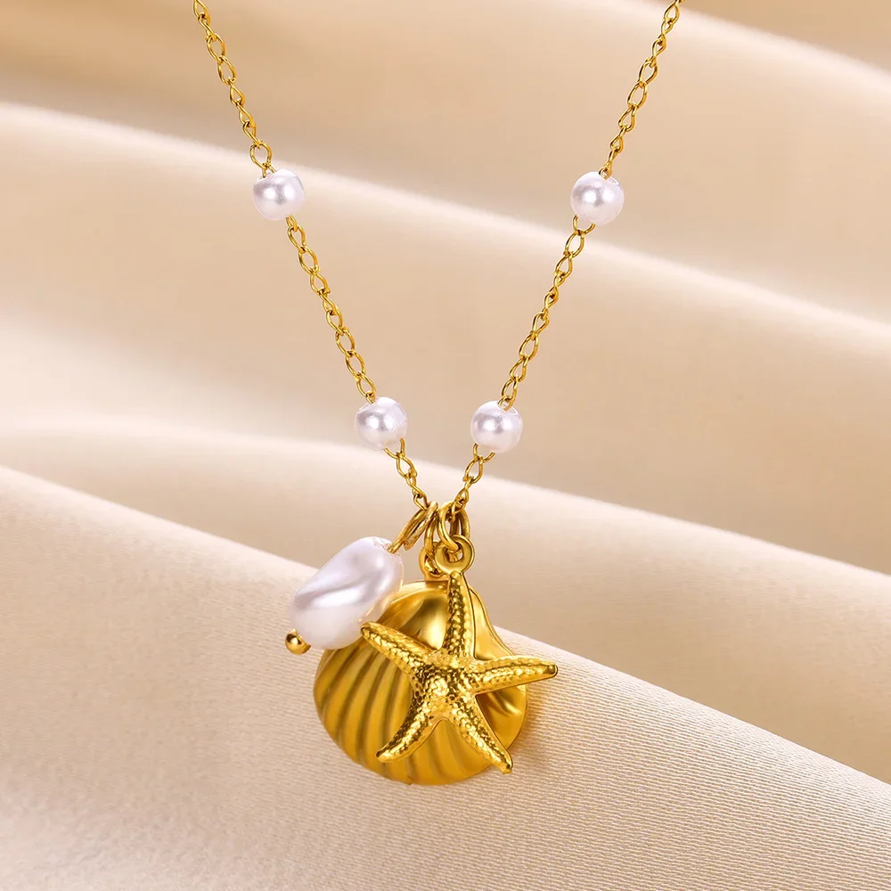 Stainless Steel Summer Beach Jewelry 2024 Trendy Accessories Gift Cute Gold Plated Shell Starfish Pendant Necklace For Women