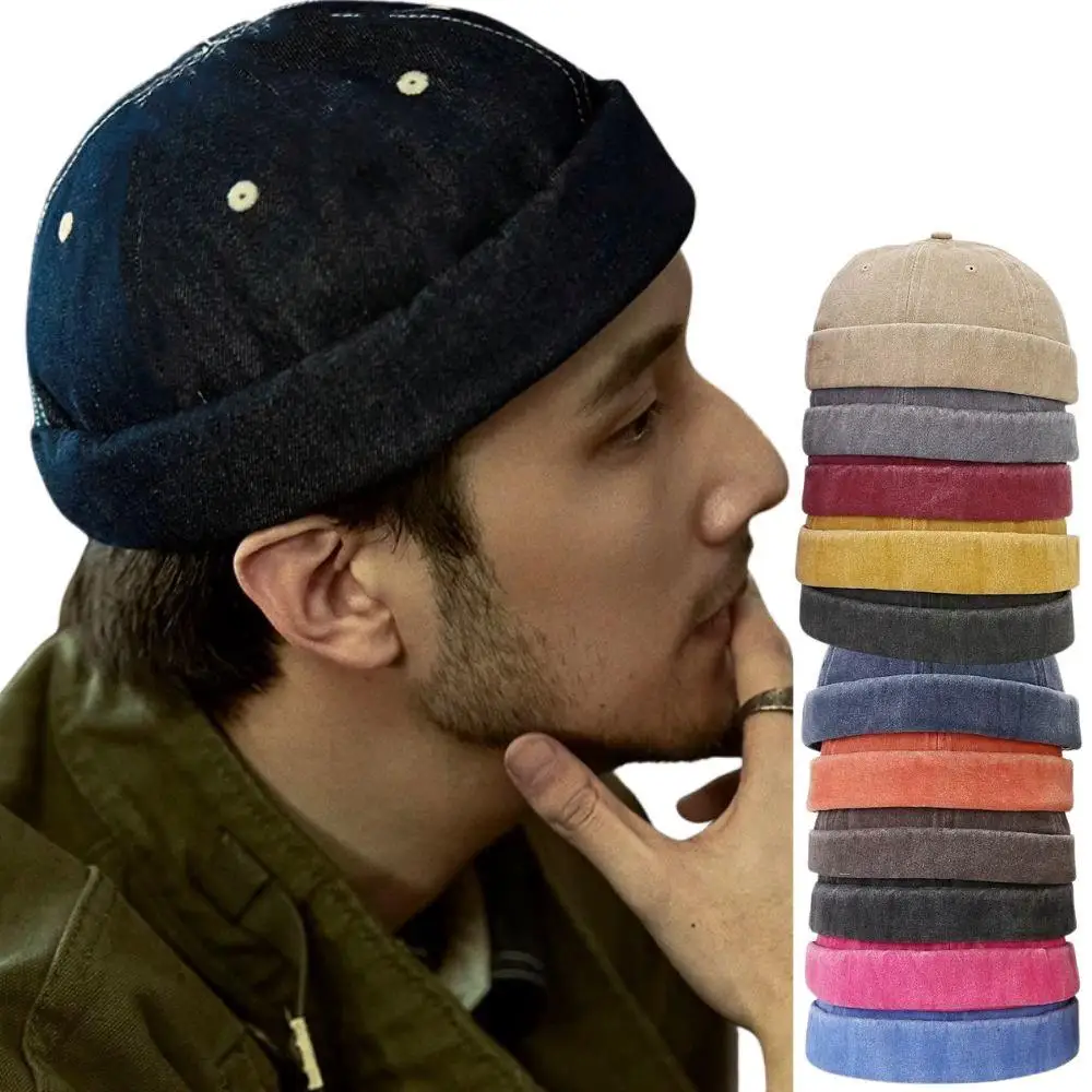 

Hip Hop Denim Washed Cotton Landlord Hat Vintage Men Adjustable Docker Cap Rolled Edge Brimless Sailor Hat Streetwear Dome Hat