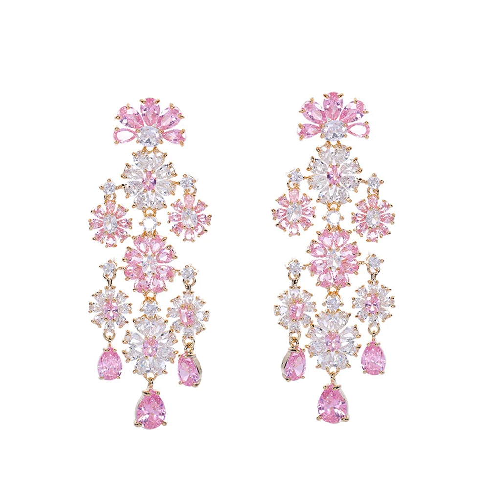 CWWZircons Long Tassel Flower Drop Pink Cubic Zirconia Stone Large Women Party Costume Wedding Earrings Jewelry for Brides CZ996