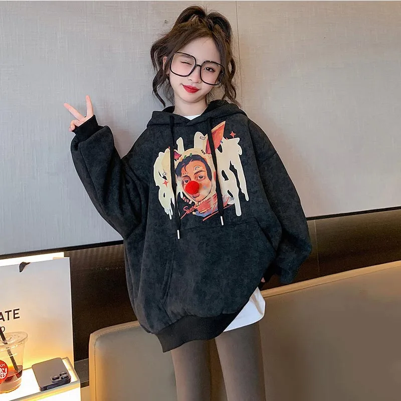 

2023 Korean Autumn Winter Junior Girl Thicken Sports Shirt Teenager Girl Warm Hooded Cartoon Printed Sweatshirts Kids Girl Tops