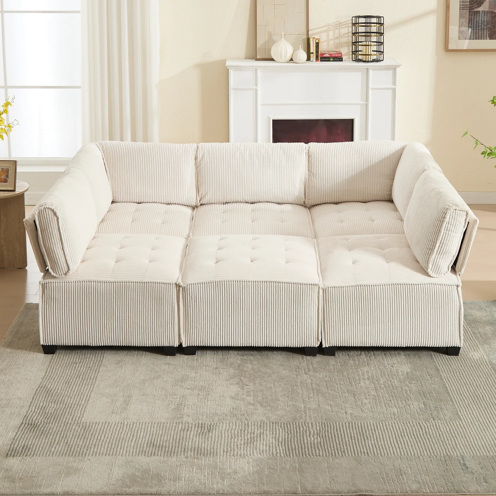 Sofa Modulares 6-Sitzer-Sofa, Kordelstoff, ergonomisch, Aufbewahrungstaschen, flexibel kombiniert als U-Form/L-Form/Sofabett – Detail 16