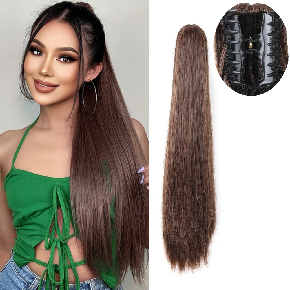 Long Straight Pony Tail Claw Clip Wig in Ponytail Extension Natural Soft High Quality Synthetic Hairpiece for Women Girls