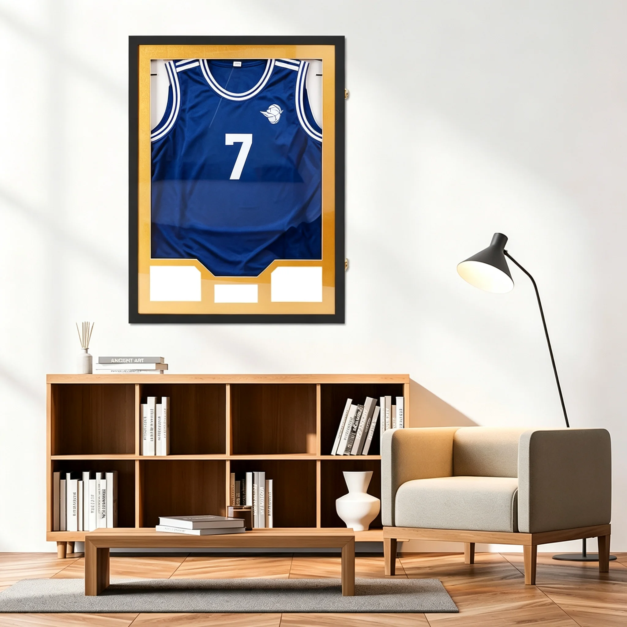 Cornice per esporre maglie con passepartout dorato, vetrina in legno per esporre maglie, cornice da parete per esporre maglie sportive, ideale per maglie da basket, calcio e hockey.