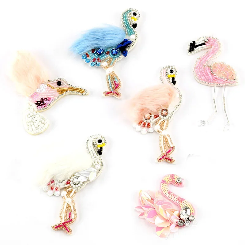 Sequin Fur Flamingo Bird Swan Patches for Clothes Sew on Clothing Rhinestone Beaded Applique Beading Badge Stripes Accessories