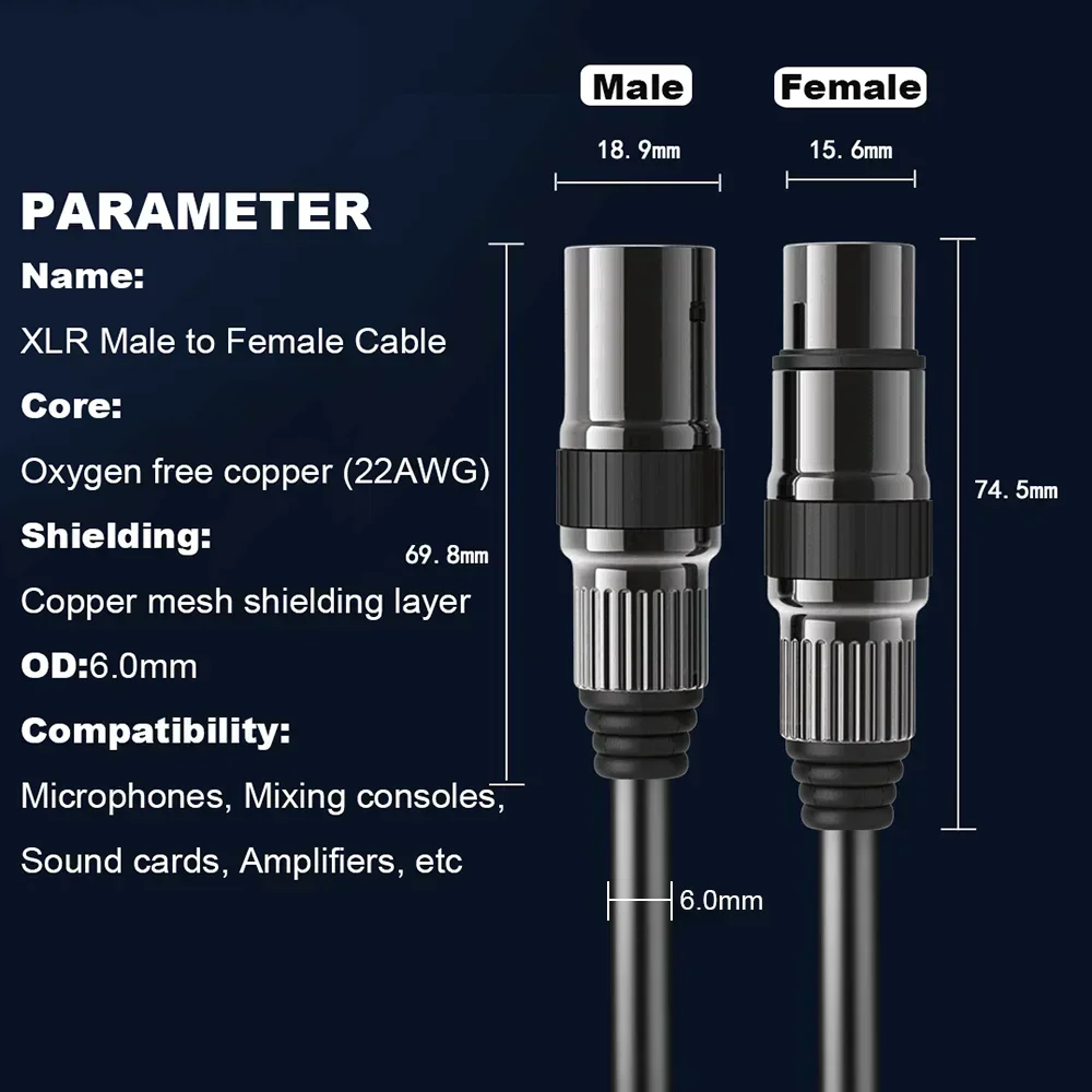 XLR Microphone Cable 3-Pin Male To Female Balanced XLR Mic Cables Cord for Speaker Mixer DMX Effector Amplifier Sound Card