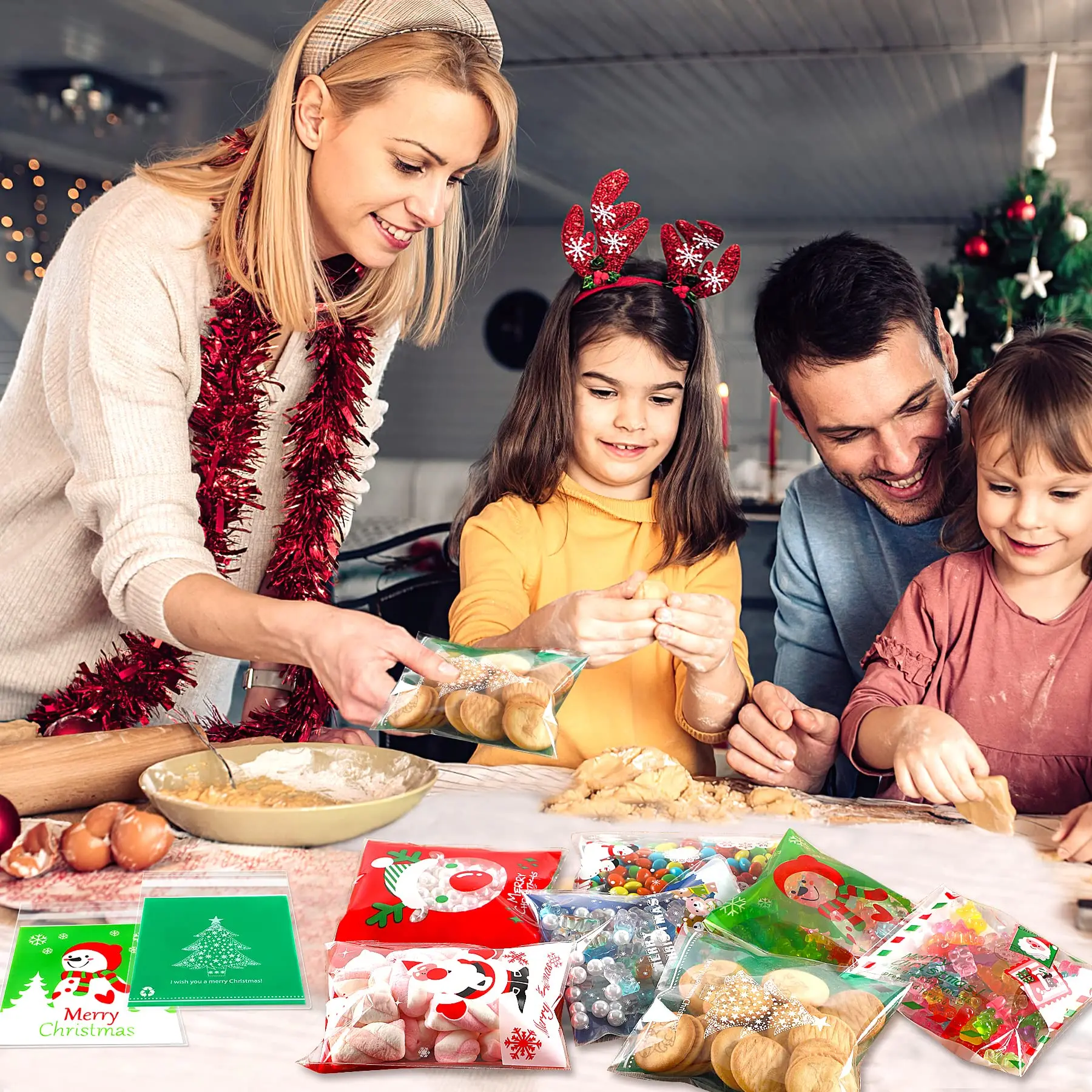 Sacos De Celofane De Natal, DIY Cookie Baking Bag para a véspera de Ano Novo, Feliz Natal Favores, Presente De Natal, 100PCs, 10cm * 10cm, 2022