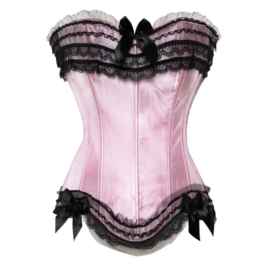 Pink Corsets Plus Size Push-up Women Bustiers Top Lace up Sexy Satin Overbust Corset Ladies