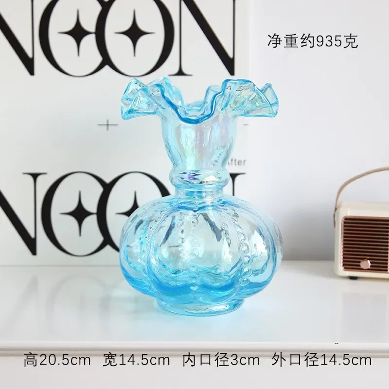 W28 Vintage Fenton Style Handmade Glass Purple Vase French Retro Style Flower Arrangement Pumpkin Vase Light Luxury