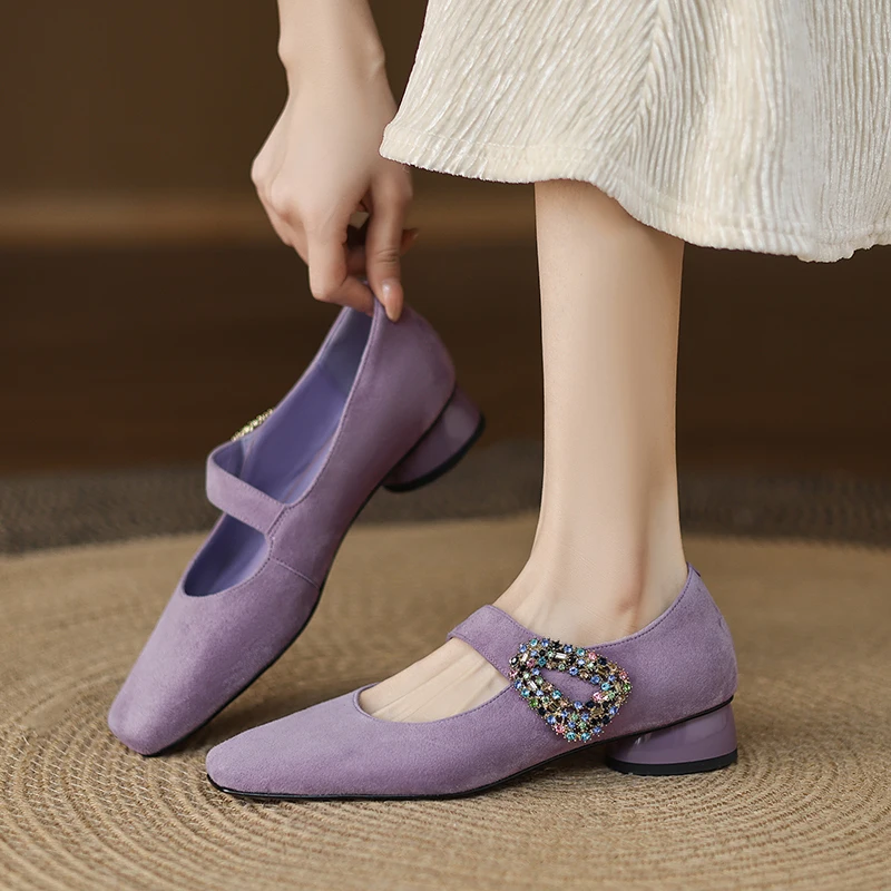 

Genuine Leather Sheepskin Women Shoes,Crystal Buckle Mary Janes Shoes,3CM Thick Med Heel Summer Women's sandals