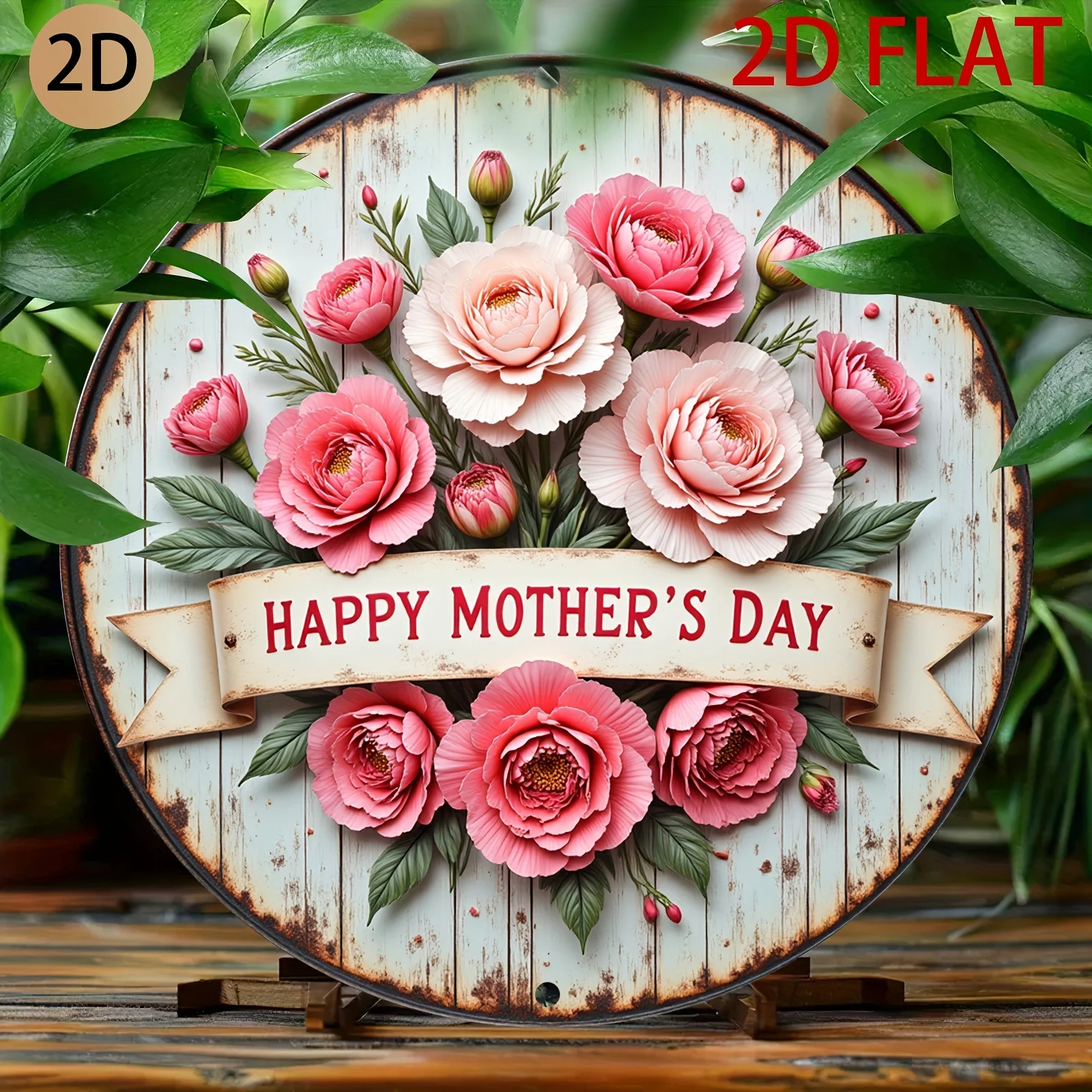 [2D Flat] Round Vintage Metal Plaque Adorned with Pink Blossoms And a Happy Mother'S Day Ribbon for Home Decoration