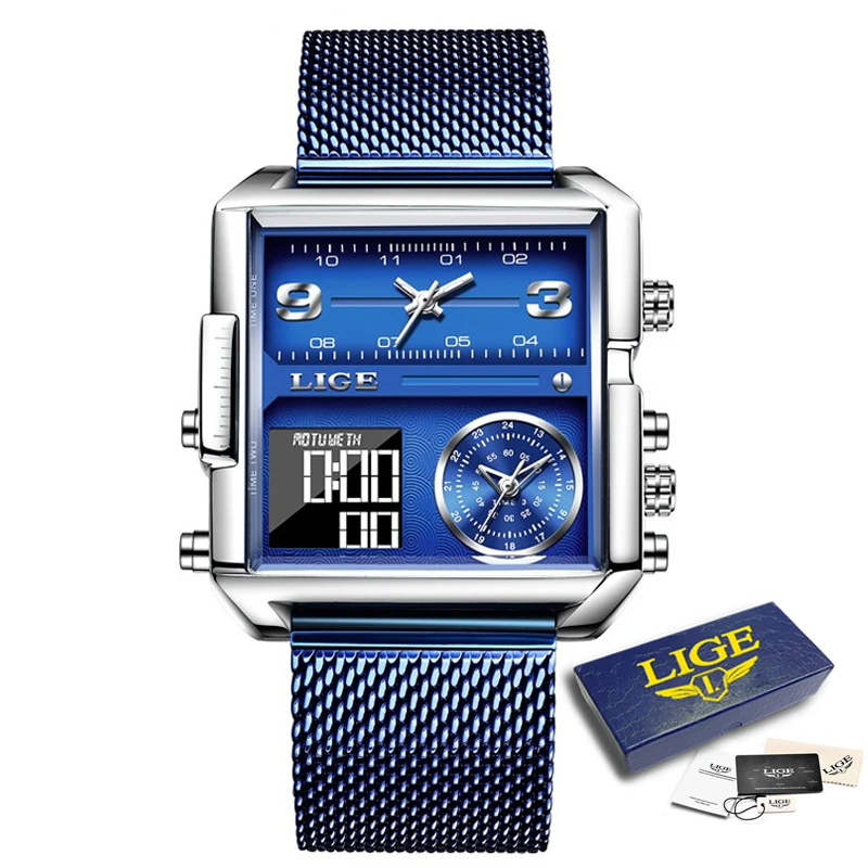 LIGE Neue Top Marke Luxus Mode Männer Uhren Gold Stahl Sport Platz Digital Analog Große Quarzuhr für Mann relogio masculino