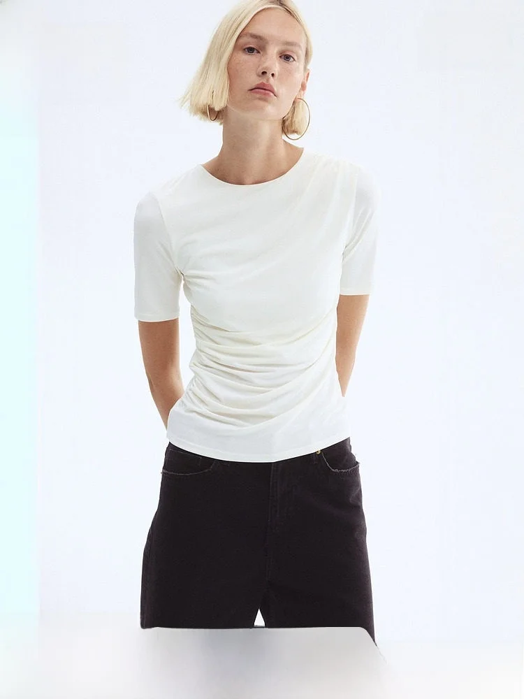 H&M 春の新作 レディース カジュアル ドレープトップ スリムフィット ラウンドネック ポリエステル スパンデックス混紡 レギュラー丈 Tシャツ