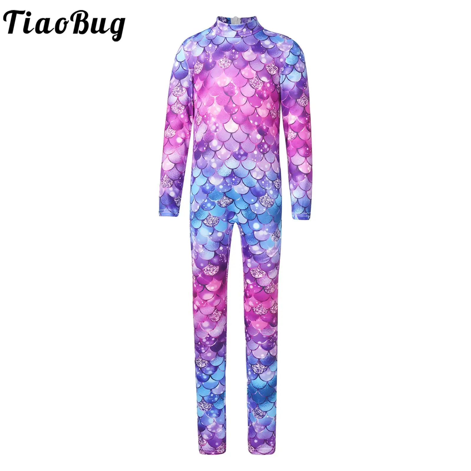 

Kid Girl Mermaid Jumpsuit Fish Scales Print Long Sleeve Full Length Unitard Bodysuit Ballet Gymnastics Leotard Skating Dancewear