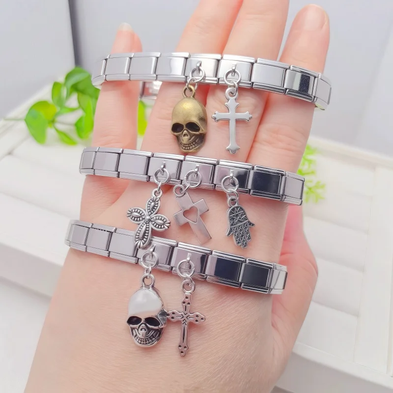 New Punk Style Pistol Skull Cross Italian Charm Links Fit 9mm Bracelet Pendant Stainless Steel DIY Jewelry Making
