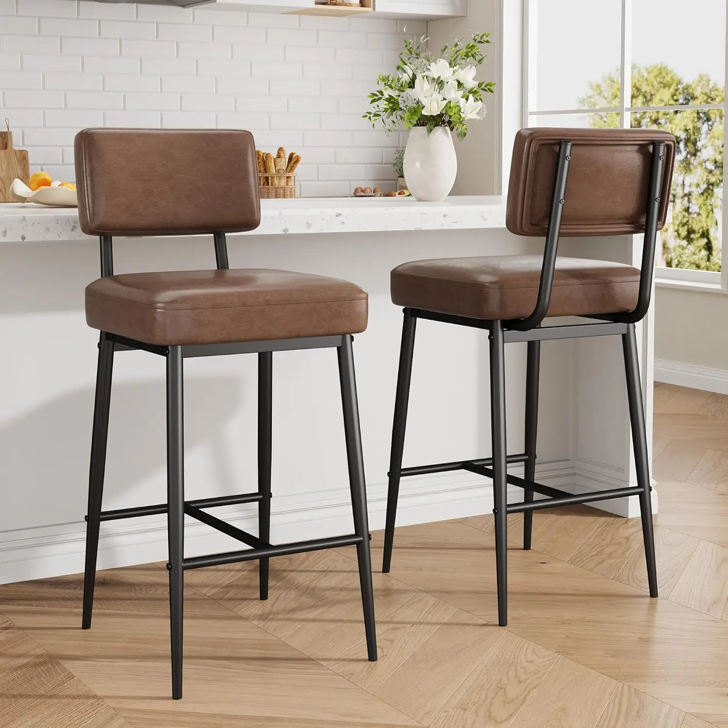 2 Pcs Bar Stools,Faux Leather Counter Height Bar Stool with Back, Metal Legs, Upholstered Barstool Chairs for Island,Counter Bar