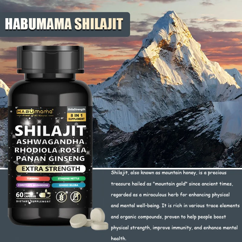 Natural Pure Ingredient 8 in 1 Shilajit, Ashwagandha, Panax Ginseng, Turmeric, Enlargement Pills for Men Increase Size & Stamina