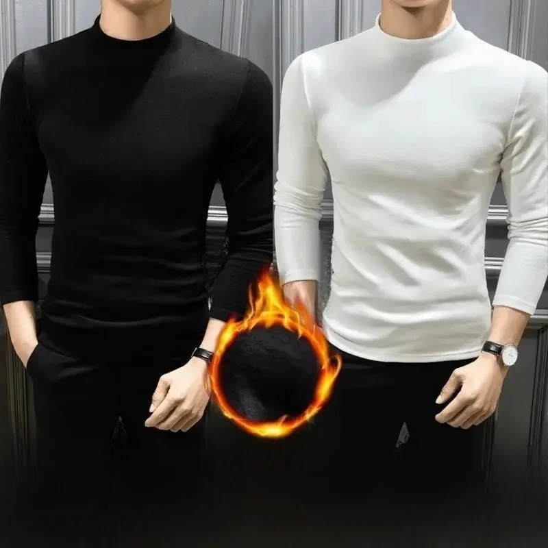 

Men's Long Sve Double-Faced Fce Thermal T-irt Slim Fit High Collar Casual Wear for Autumn Winter Youth Inner Wear