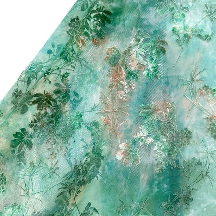 

1yard Green Color Burnout Velour Lace Tie-dye Flocking Fabric African Tulle Jacquard Fabrics for Dress DIY Clothing