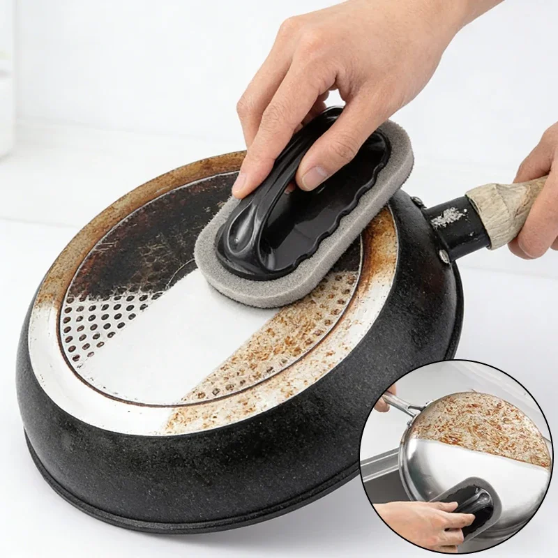 Handheld Abrasive Pot Scrubber with Handle Heavy Duty Kitchen Cleaning Brush for Pan Bottom Rust Burnt Stains Stove  Cooktop